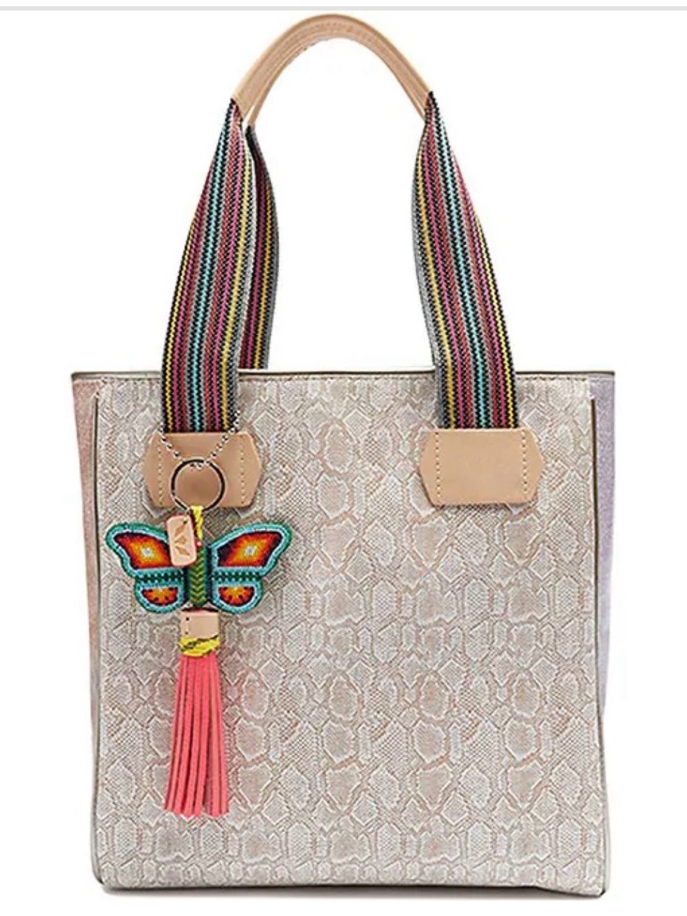 Consuela Neutral Snake-Texture Tote with Multicolor Strap and Butterfly Charm